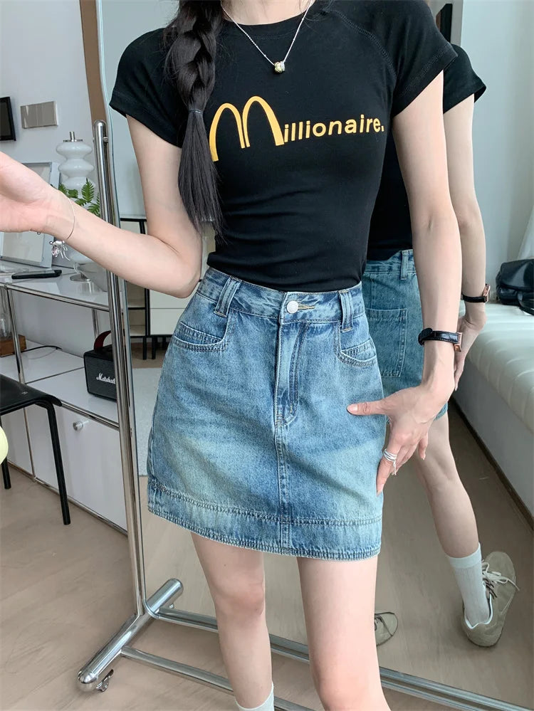 Y2K 2025 Summer Women's Jeans Skirt - Light Blue High Waist Denim Bodycon Mini Skirt with Lining Clubwear 2497