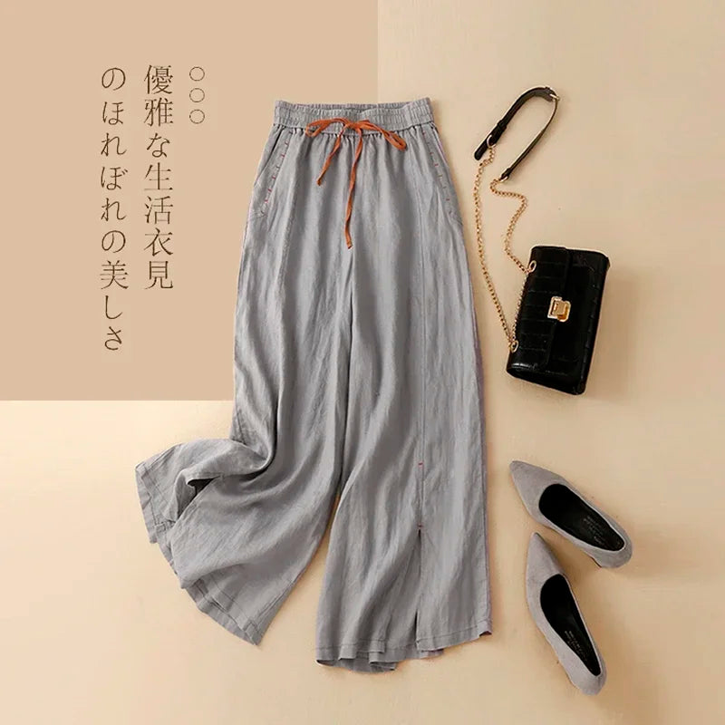 Gray Cotton Linen Casual Elastic High Waist Loose Wide Leg Women's Pants Ankle-Length Pants For Women Clothing 2025 Fashion