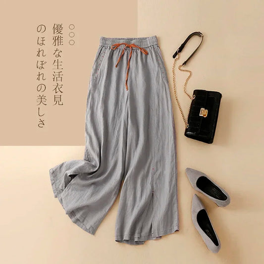 Gray Cotton Linen Casual Elastic High Waist Loose Wide Leg Women's Pants Ankle-Length Pants For Women Clothing 2025 Fashion
