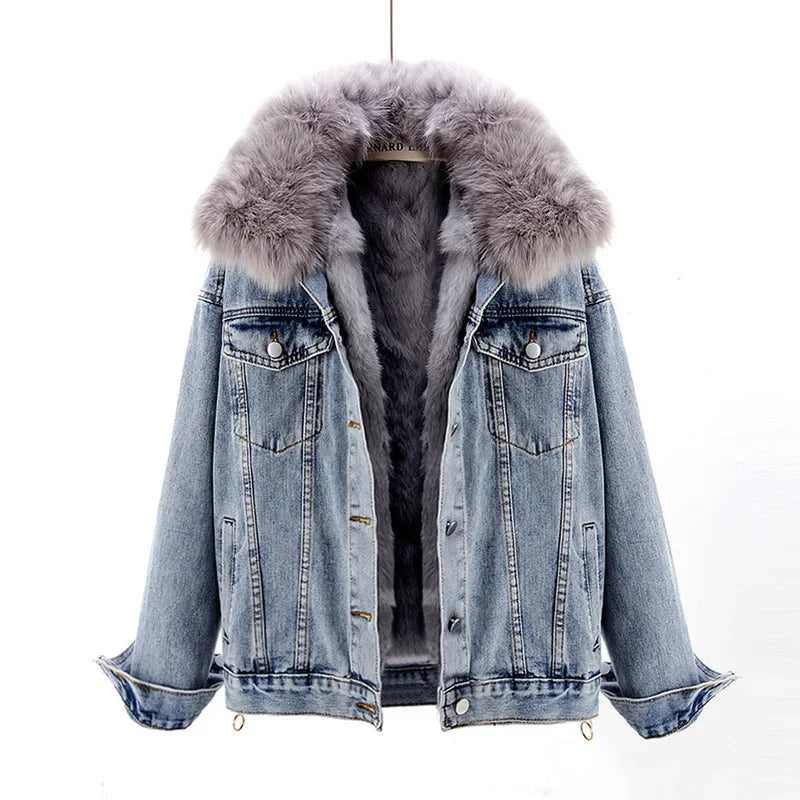 Autumn Winter Natural Fox Fur Collar Removable Rabbit Fur Liner Denim Jacket Coat Women Loose Hem Split Fork Jeans Jacket Female