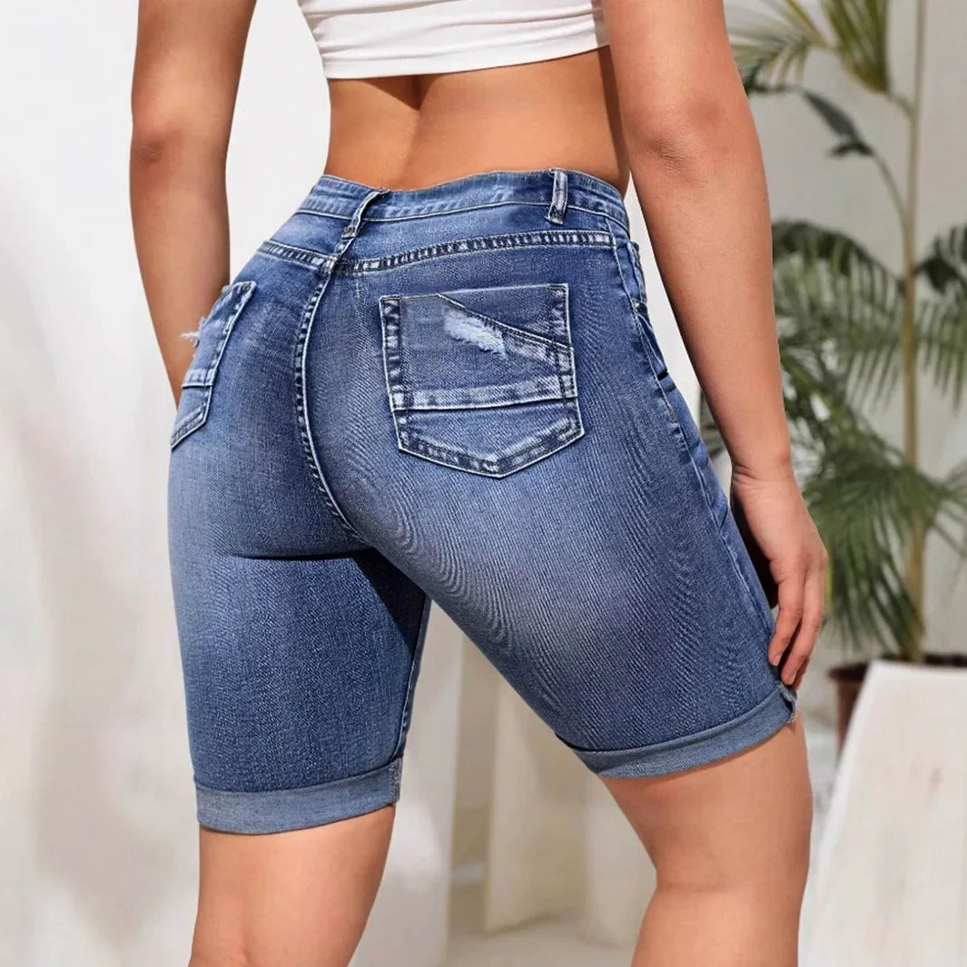 Women Jeans Denim short Knee Length High Waist Stretch Distressed Washed Skinny Straight Short Pants 2025 Summer Streetwear