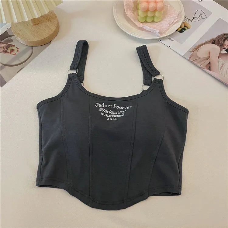 1pc Letter Print Cotton Women Small Breast Bras Hot Girls Wear Casual Slim Underwear Padded Camisole Top
