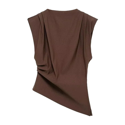 2025 Summer Asymmetric Tank Women Wine Red/Brown/Black Ruched Sleeve Office&Party Tops Breathable Stretchy Slim Fit Streetwear