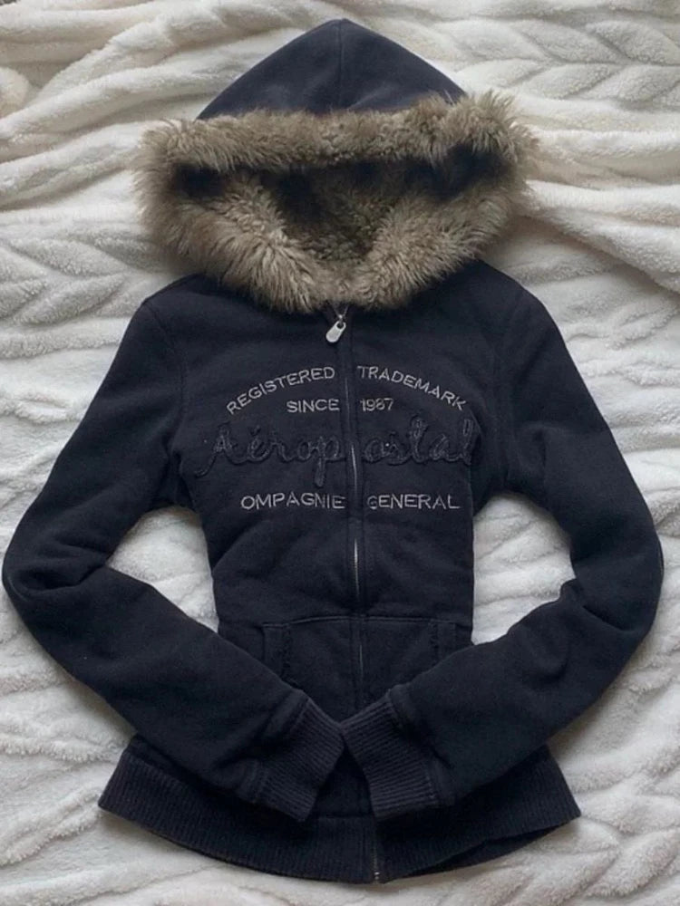 Vintage Letter Fur Collar Hooded Sweatshirt Autumn Winter Zipper Y2K Retro Fleece Jacket Harajuku Embroidery Plush Dark Fashion