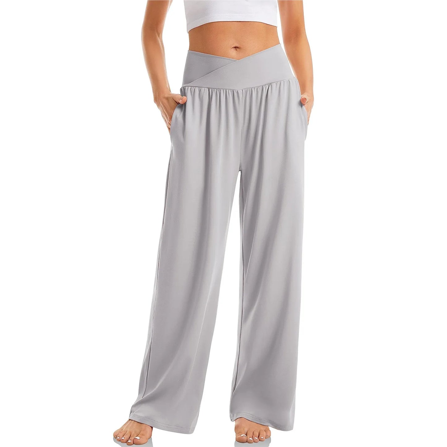 Women's High Waist Solid Color Casual Comfortable Elastic Waist Straight Trousers Wide Leg Sports Long Pants With Pockets