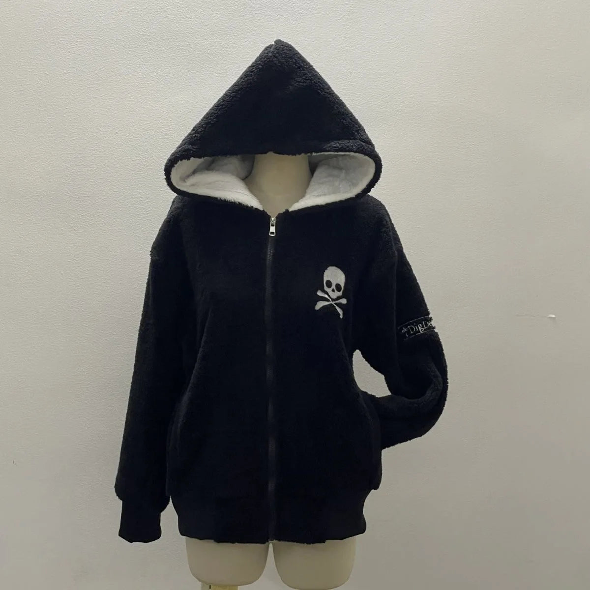 Vintage Letter Fur Collar Hooded Sweatshirt Autumn Winter Zipper Y2K Retro Fleece Jacket Harajuku Embroidery Plush Dark Fashion