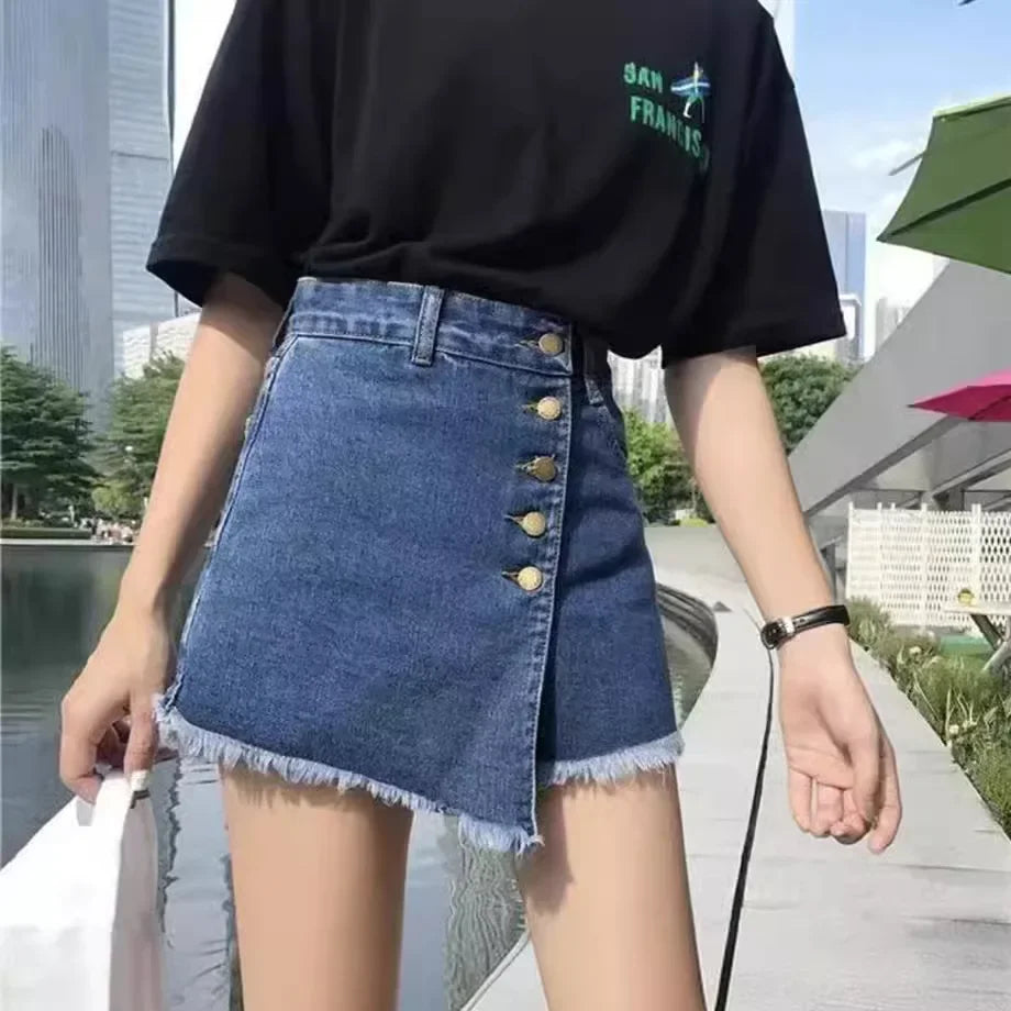 Summer Irregular High-waisted Denim Half Body Skirts, European and American Women's Fashionable Breasted Casual Denim Skirts