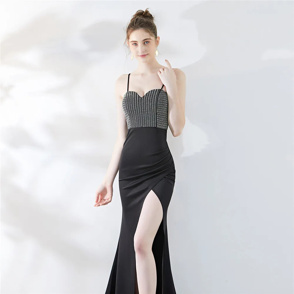 Customized Women's Sexy Strap Dress High Slit Evening Party Wear Crystal Dress
