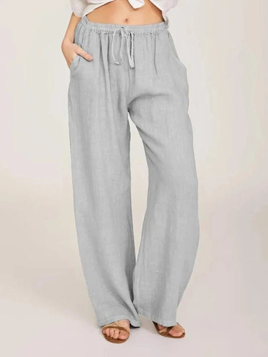 Casual Women's Cotton Linen Pants Solid High Waist Wide-Leg Trousers Female Summer Loose Breathable Sports Yoga Straight Pants