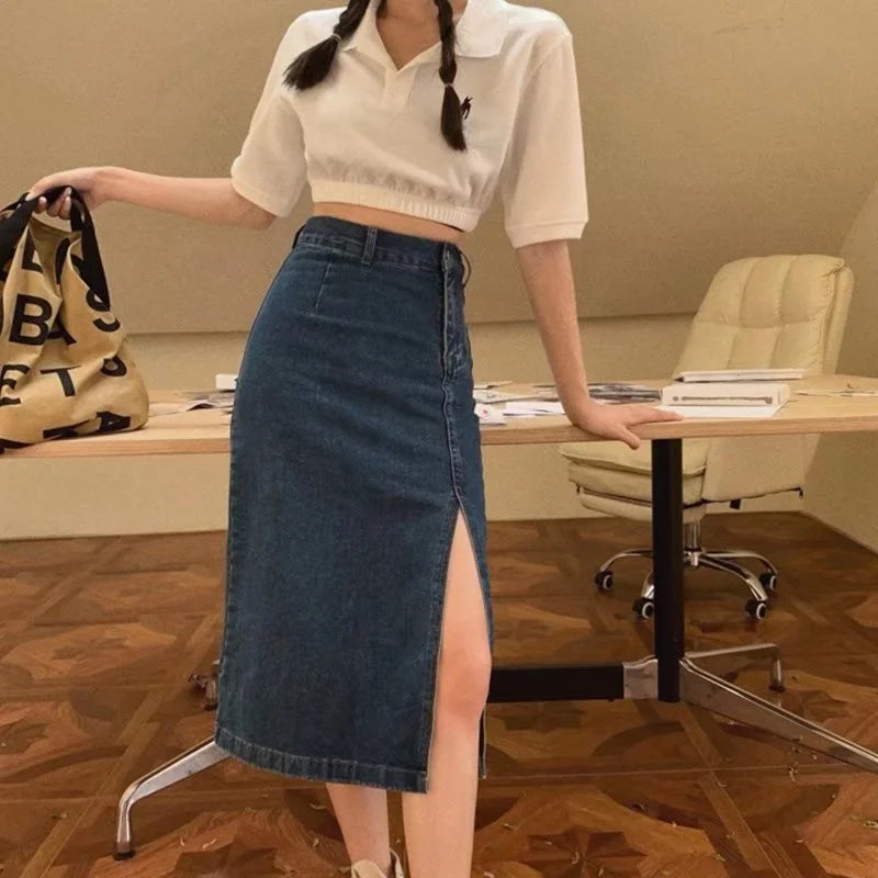 Retro Hong Kong Sle High Waist Slim Fit Denim  Skirt Women's Summer plus Size Mid-Length Bodycon Skirts Autumn