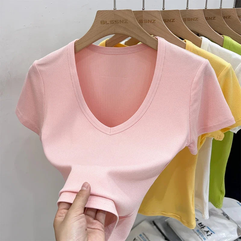 2025 Female Y2K Tops Clothes Summer Sexy Basic Crop Top Women Ribbed Short Sleeve T-shirts Casual V-Neck Solid Slim Fit Tee