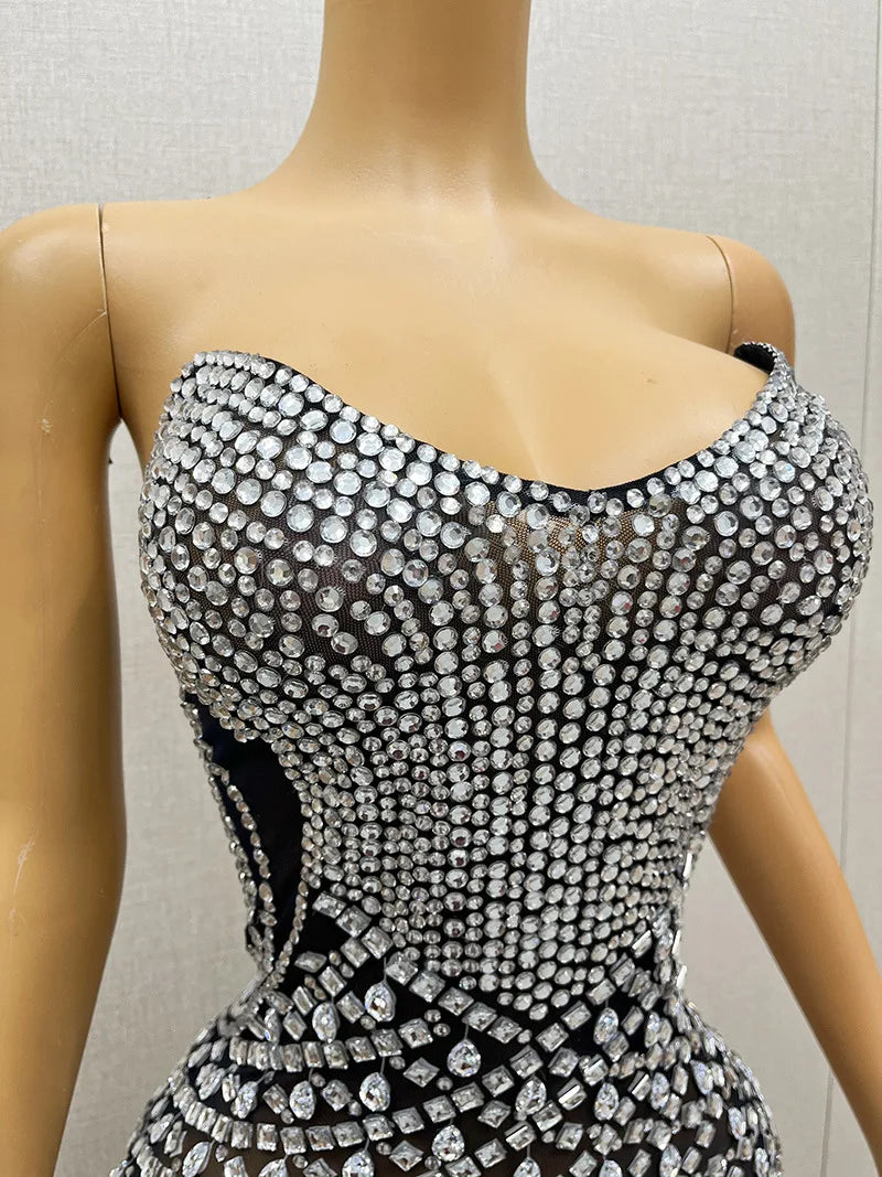 Black Diamond Model Contest Tube Top Temperament Elegant Performance Dress Full Of Diamonds Slim Dress Singers Annual Meeting