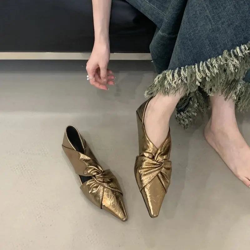 Gold Flats Woman Pointed Toe Shoes Fashion Cross Ladies Pumps Autumn Flat Shoes Chaussure Femmes 2025