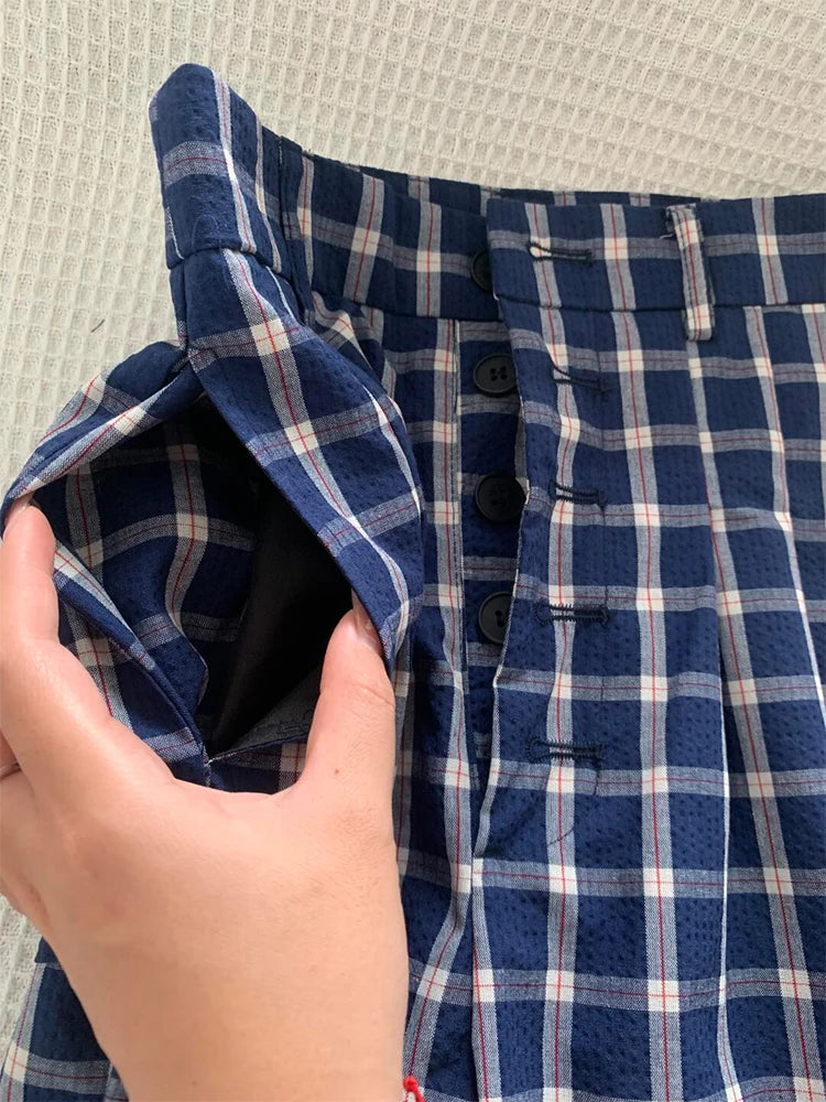 Retro Plaid Casual Pants For Women Chic High Waisted Loose Straight Leg Trousers 2025 New Versatile Breasted Floor Length Pants