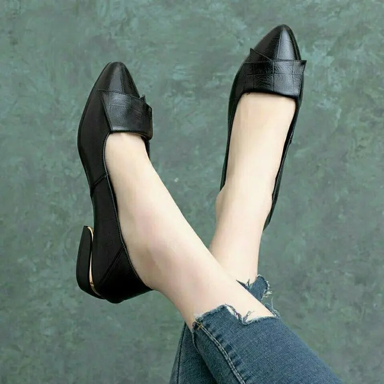 2025 New Summer Women's Flat Shoes Soft Leather Work Shoes Pointed Thick Heel Casual Womens Shoe Handmade Footwear Buty Damskie
