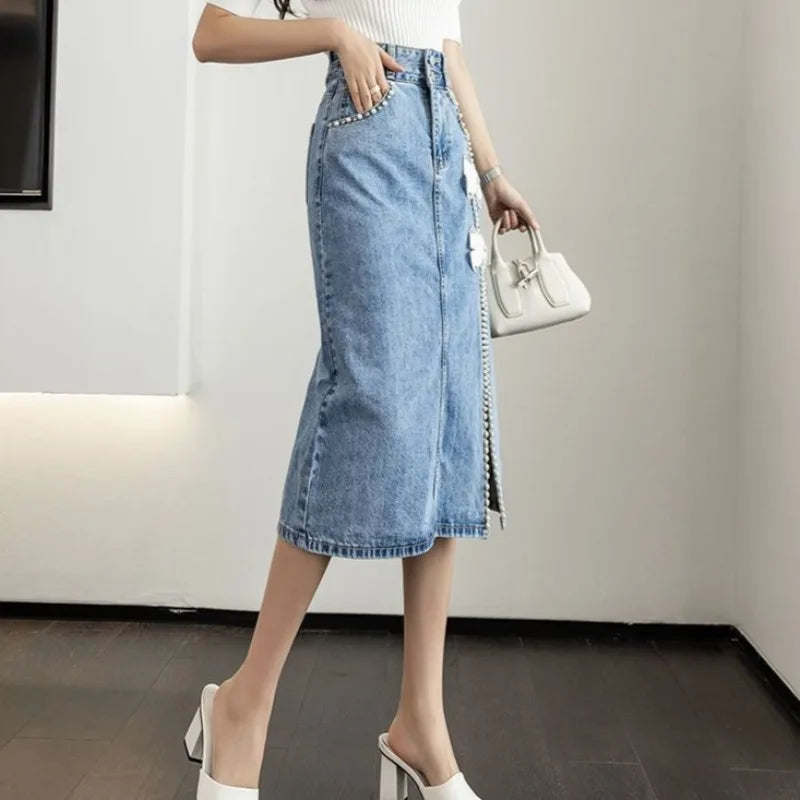 Woman Denim Skirt with Slit Midi Bow High Waist Jeans Skirts for Women Y2k Vintage Clothing Sales New in Luxury Elegant Chic