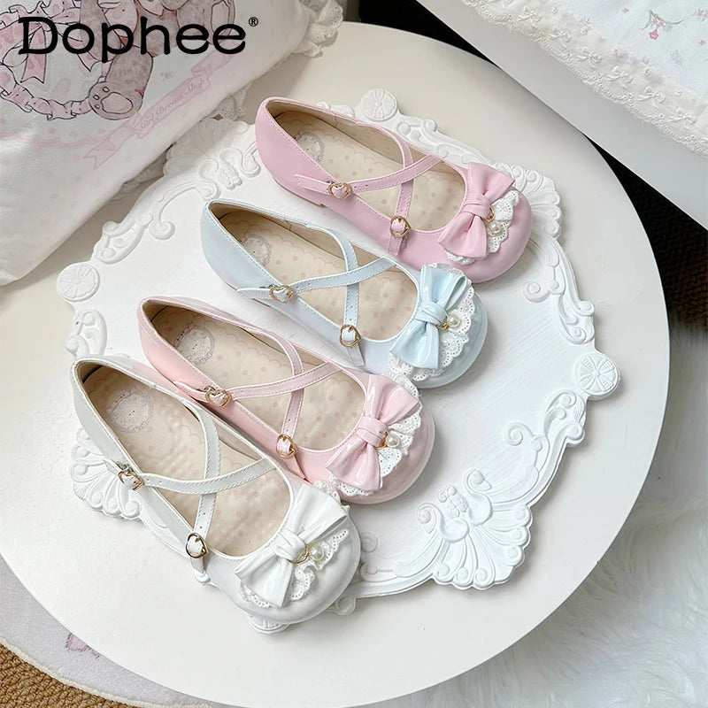 Original Soft Girls Lolita Kawaii Pink Mary Jane Shoes Autumn New Sweet Girl Cute Bow Flats Shoes Lo Tea Party Low Heel Pumps