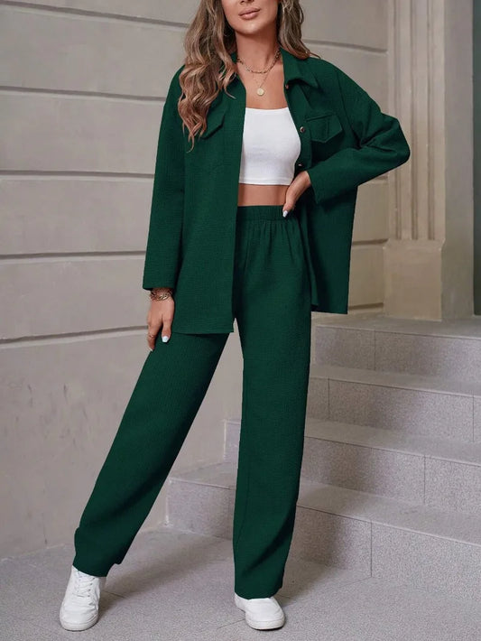Workwear Style Mountain Style Long Sleeved Jumpsuit 2025 Women Two Piece Trendy Waffle Collar Cardigan Casual Suit