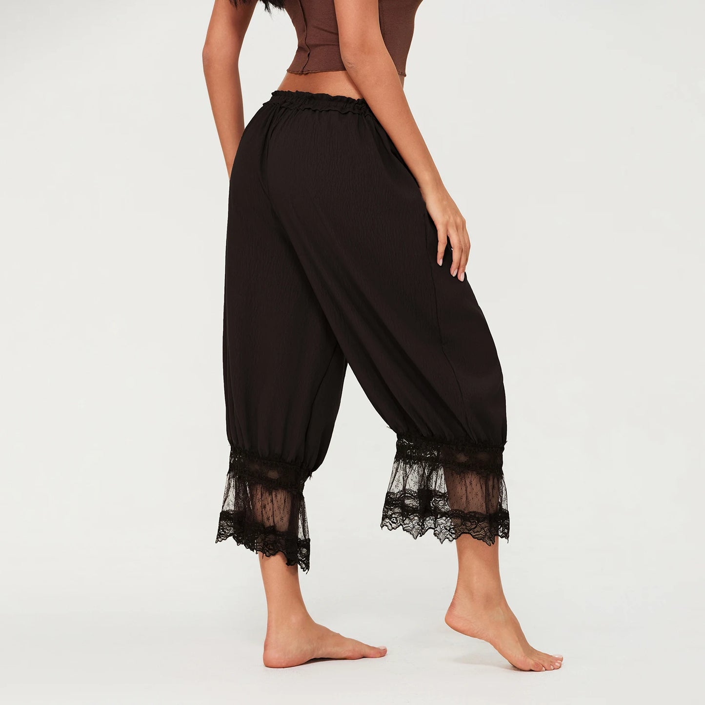 Womens Y2K Vintage Drawstring Cropped Pants Loose Fit Mid Rise Patchwork Lace Casual Lantern Bubble Pants Trousers Streetwear