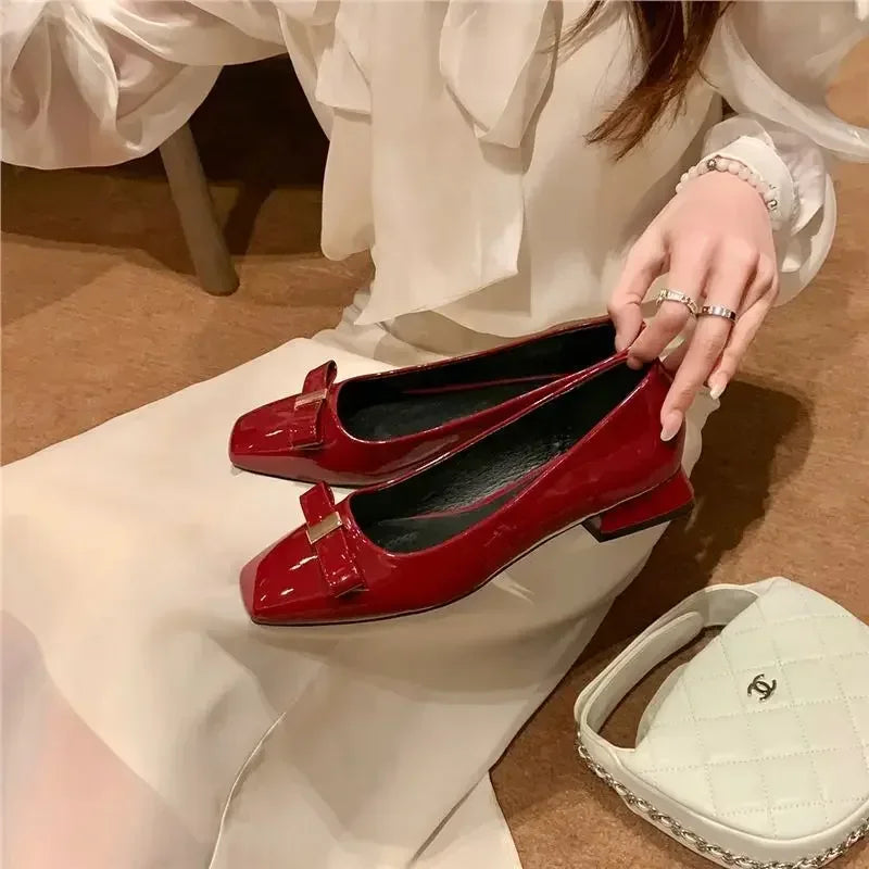 Leather Version Grape Mom 2025 Elegant Square Head Metal Buckle Butterfly Knot Chunky Heel Commuter Shoes Versatile Open Toe Wom
