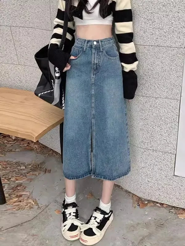 Summer New High-Waist Slit Denim Skirt for Women Washed Retro A-Line Skirt Hip Covering Straight Long Skirt