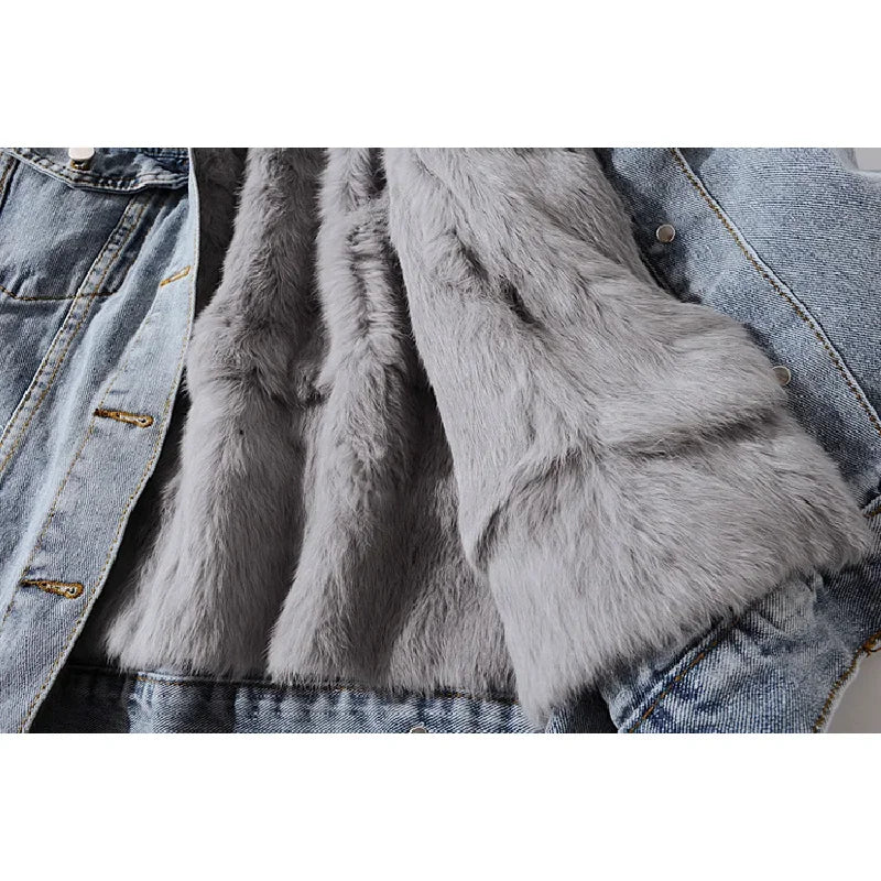 Autumn Winter Natural Fox Fur Collar Removable Rabbit Fur Liner Denim Jacket Coat Women Loose Hem Split Fork Jeans Jacket Female