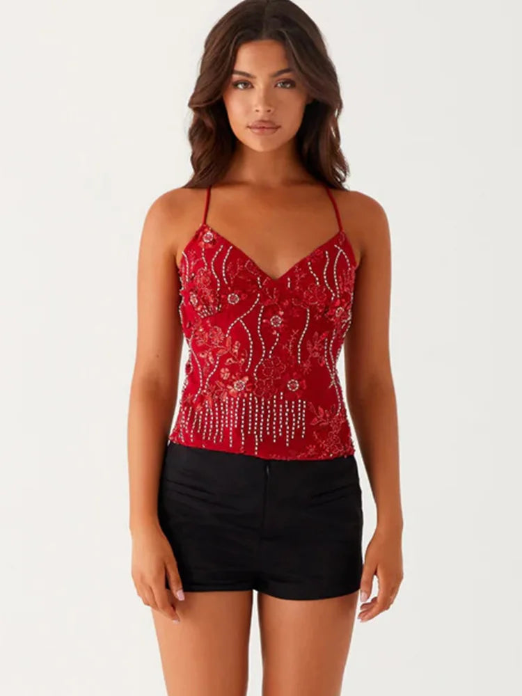 Trendix Sexy Deep V Neck Beach Tank Top Hot Girls 2025 Summer Sequins Patchwork Sleeveless Vest Women Vacation Sexy Backless Top