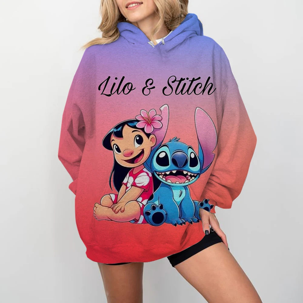 Disney-Women's Stitch Print Hoodie, Anime, Moletom Extragrande, Loose, Crewneck, Pullover, Women's Hoodie