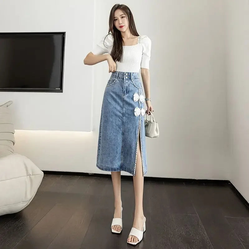 High Waist Women's Denim Skirt To Knees Length Quality Casual Streetwear Korean Fashion Summer 2025 New In Female Jeans Skirts
