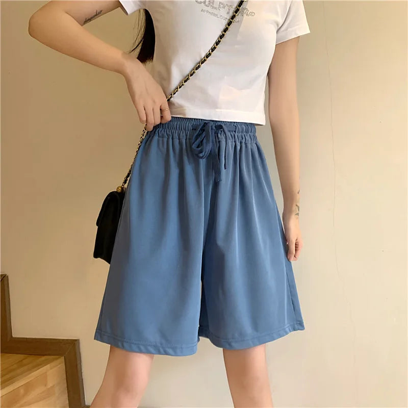 Summer Ice Silk Loose Women'S Shorts Elastic High Waist Casual Wide Leg Shorts Harajuku Casual Sports Straight Short Pants