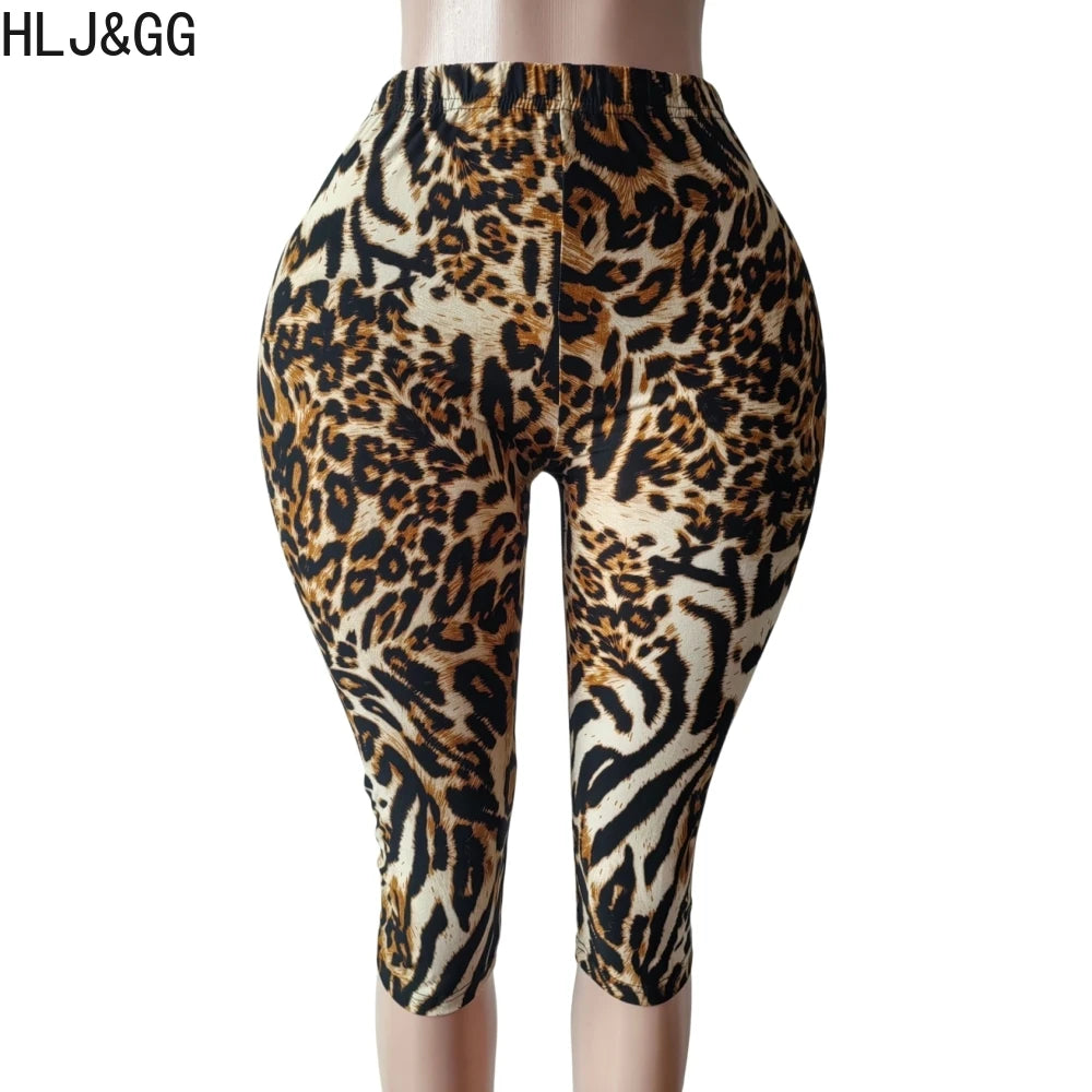 HLJ&GG Fashion Leopard Printing High Waisted Skinny Shorts Women Elastic Waist Slim Shorts Summer New Female Bottom Streetwear