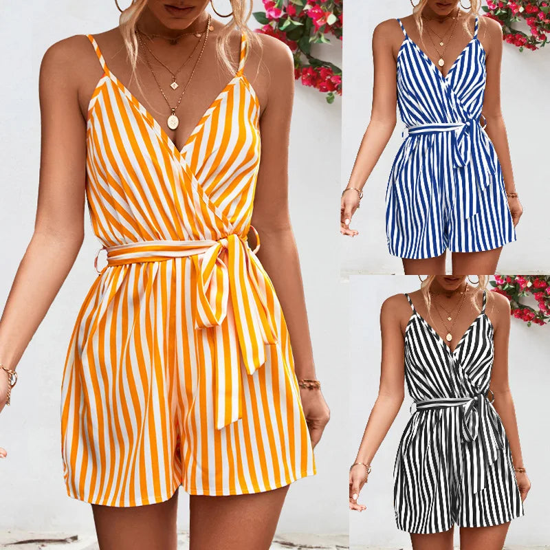 Women's shorts 2025 summer new product European and American women's V-neck camisole jumpsuit