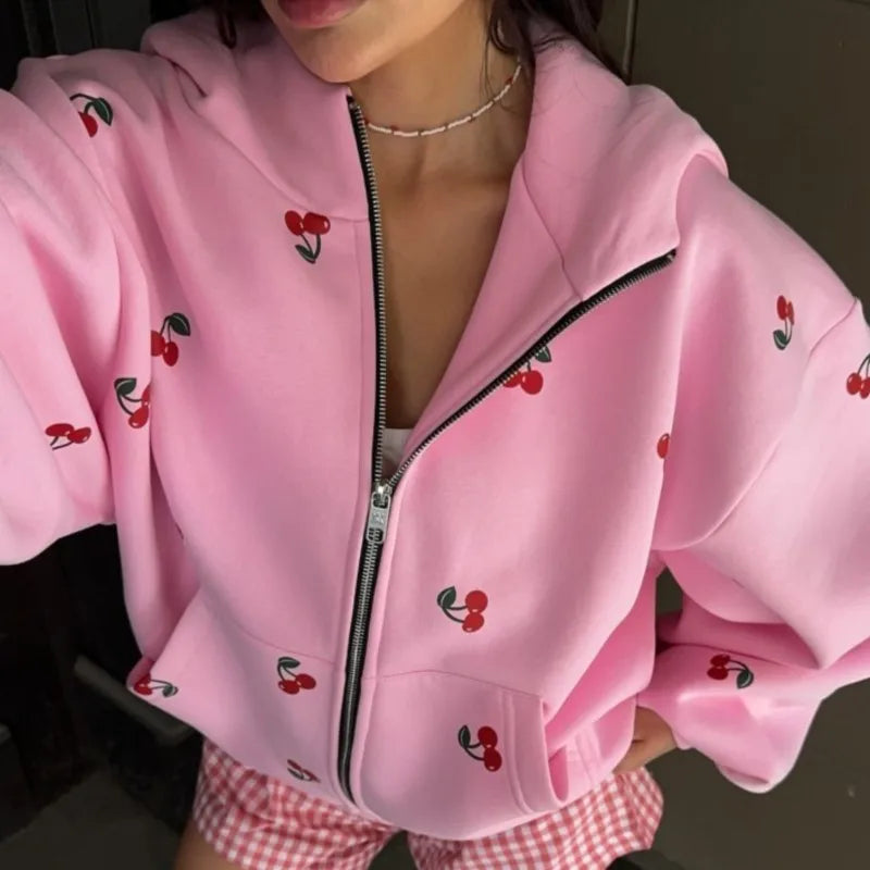 Women's Cherry Printed Sweatshirt Jacket 2025 Autumn Street Style Fashion Trendy Brand Loose Versatile Sports Hoodie Female New