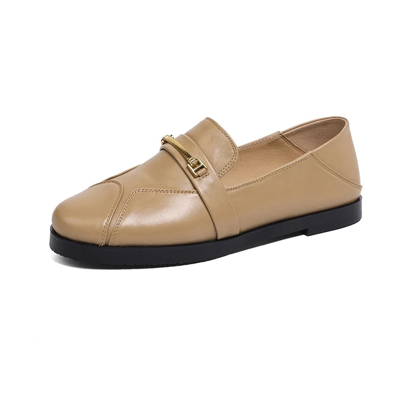 Women's new leather, cowhide, metal accessories, round toe, low heel, comfortable, plus size single shoes, casual shoes