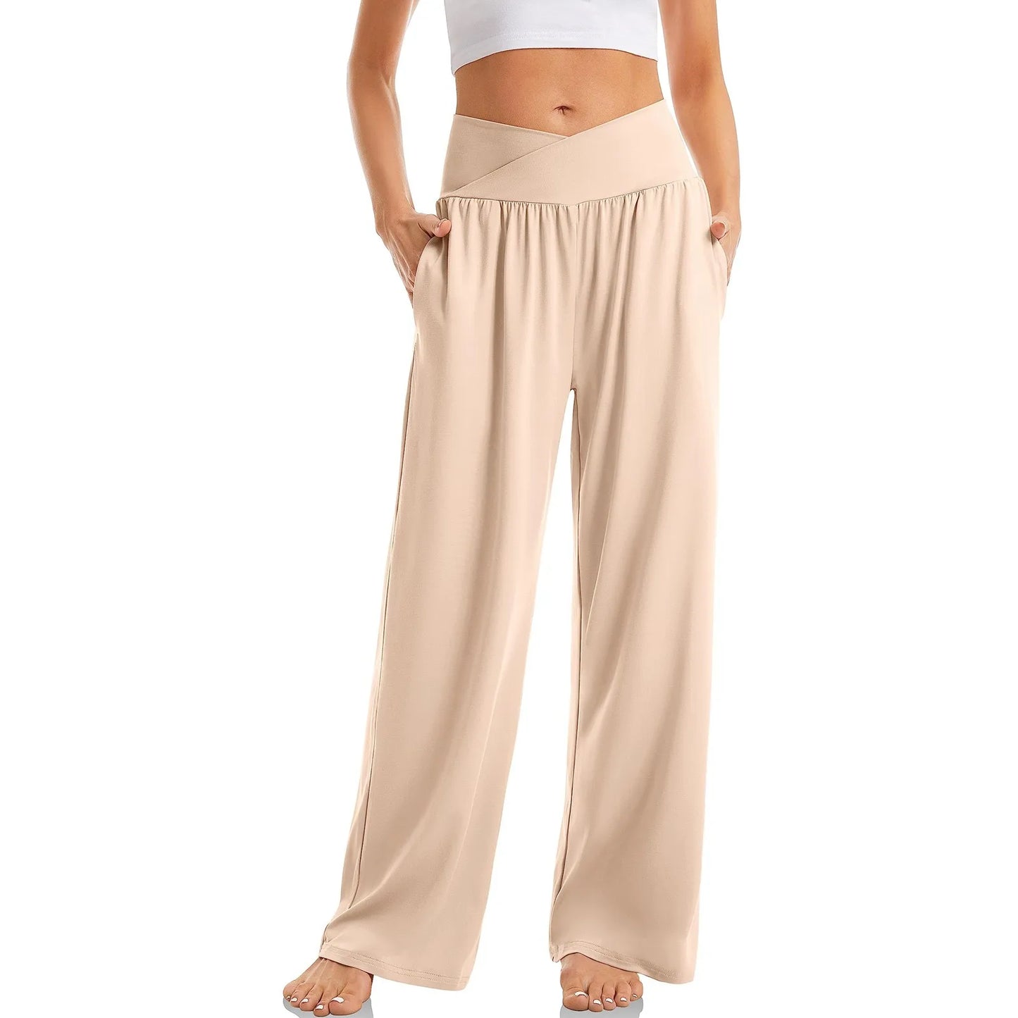 Women's High Waist Solid Color Casual Comfortable Elastic Waist Straight Trousers Wide Leg Sports Long Pants With Pockets