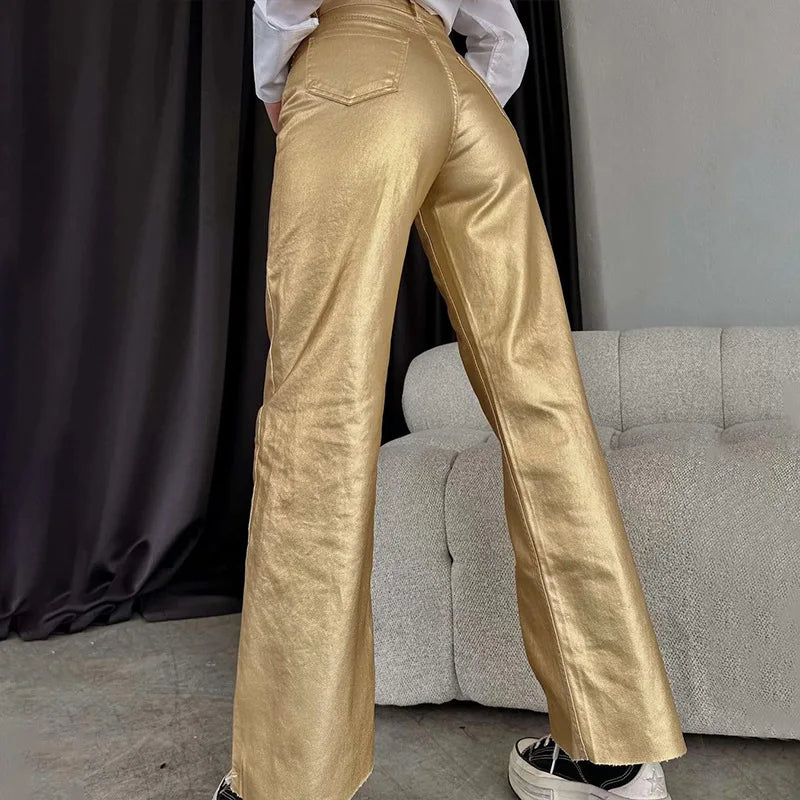 Women's Shiny Metallic Holographic Straight Wide-Leg Long Pants 2024 Spring Gold Silver Trousers Clubwear with Pockets