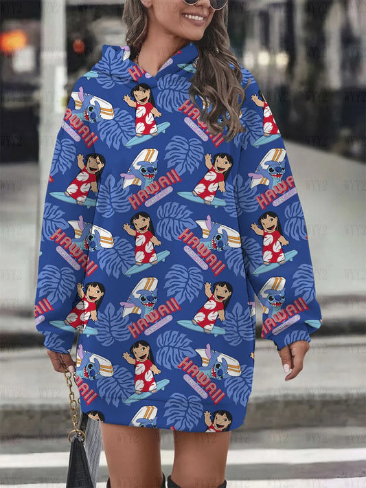 2024 new Disney series print hooded pullover casual cartoon ladies party dress fashion street autumn and winter sweatshirt