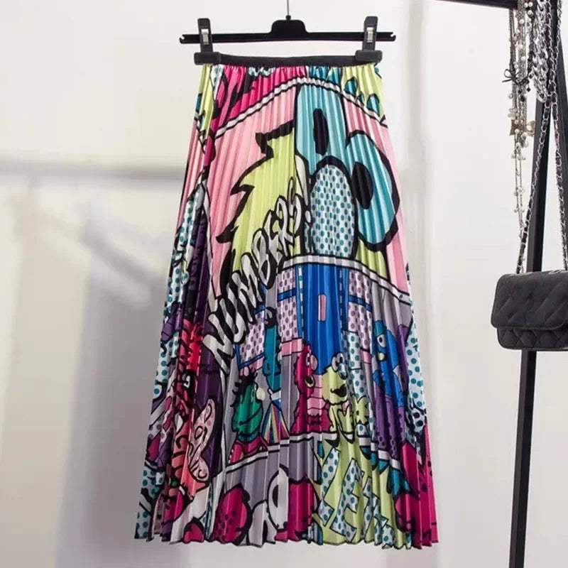 Cartoon Print Pleated Women Long Skirts High Waist A-Line Elastic Blue Pink Skirt For Ladies Summer Casual Female Bottoms Skirts