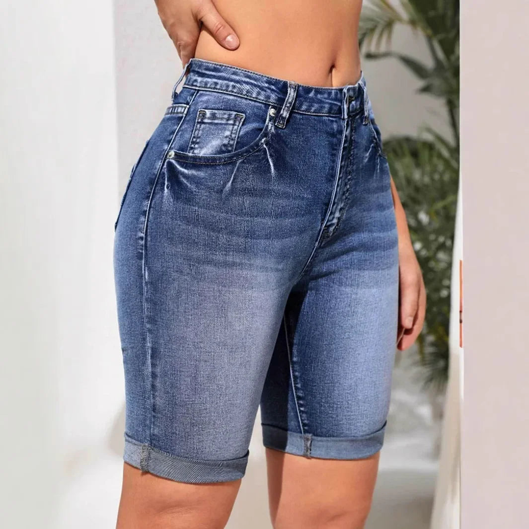 Women Jeans Denim short Knee Length High Waist Stretch Distressed Washed Skinny Straight Short Pants 2025 Summer Streetwear
