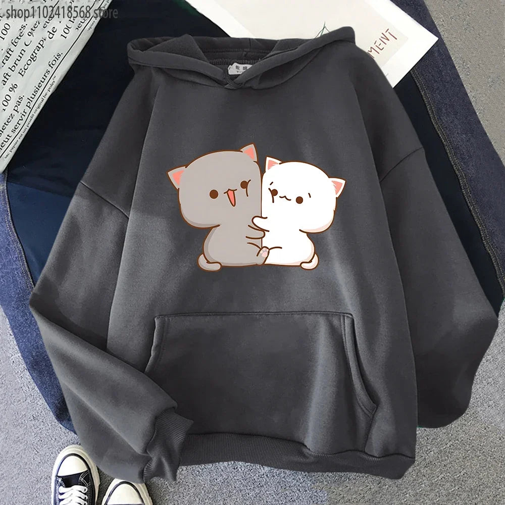 Kawaii Cat Hoodie Peach Funny Cute Sweatshirts Cartoon Print Clothing Women Aesthetic Spring Winter Pink Top Girls Hooded Female