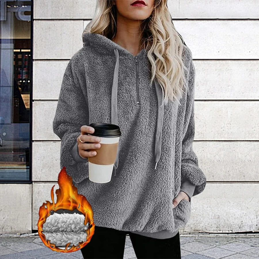 Plus Size Best Selling Plush Oversized Hooded Sweatshirt Half Open Front Women's Casual Drawstring Clothing Large Sizes