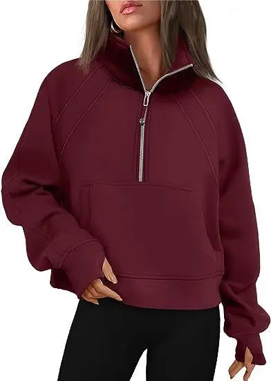 Stand Collar Casual Sweatshirts Half Zip Women Cropped Pullover Thumb Hole Overzised Hoodie Solid Color Plus Size Sports Outfit