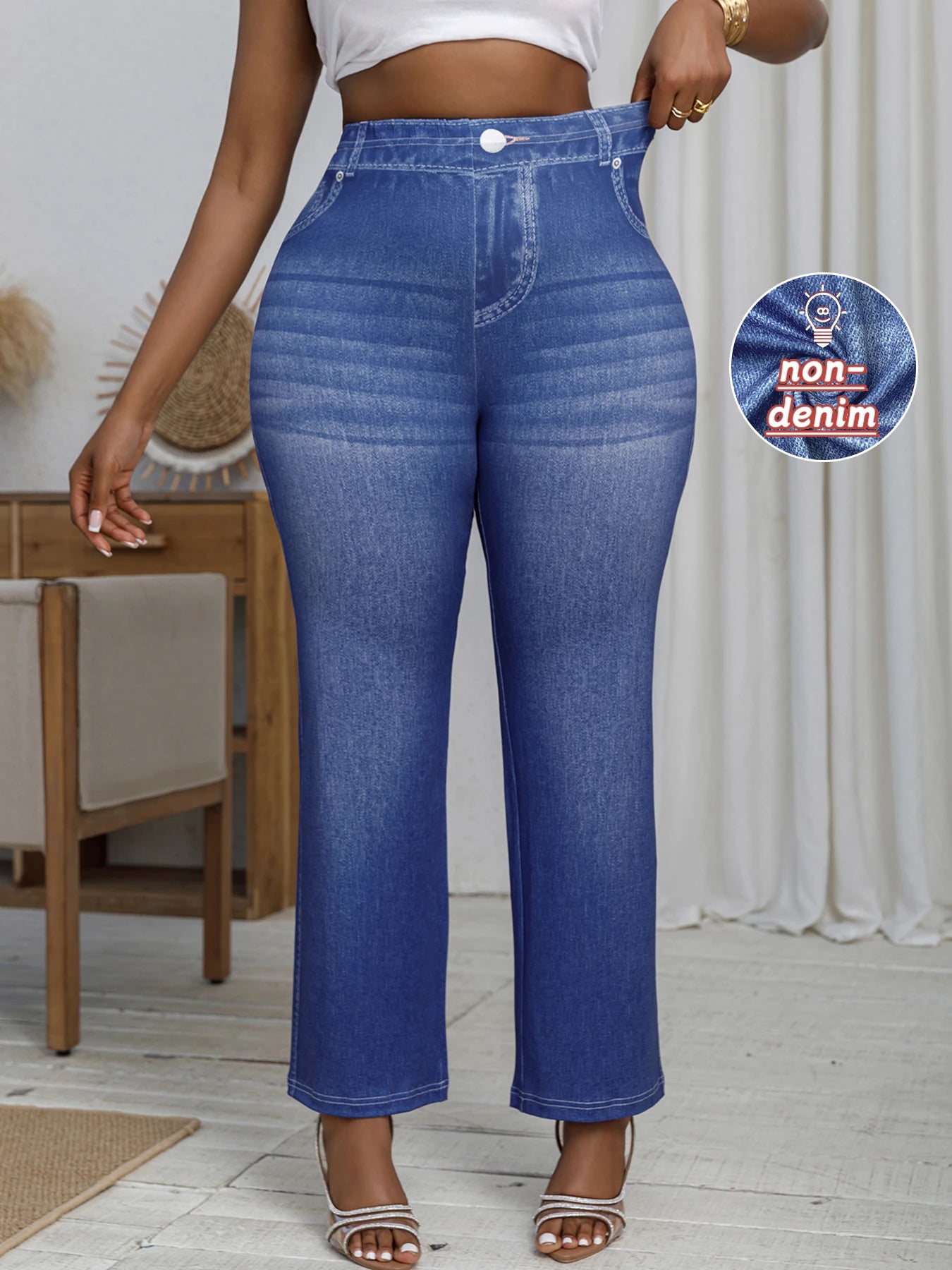 Plus Size Women's Pants Loose Imitation Jeans Printed Wide Leg Trousers High Elastic Casual Bottoms Vintage Female Clothing