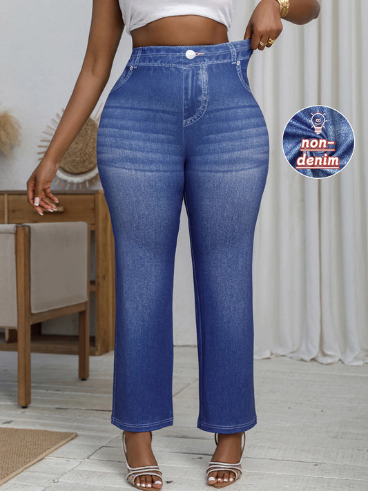 Plus Size Women's Pants Loose Imitation Jeans Printed Wide Leg Trousers High Elastic Casual Bottoms Vintage Female Clothing