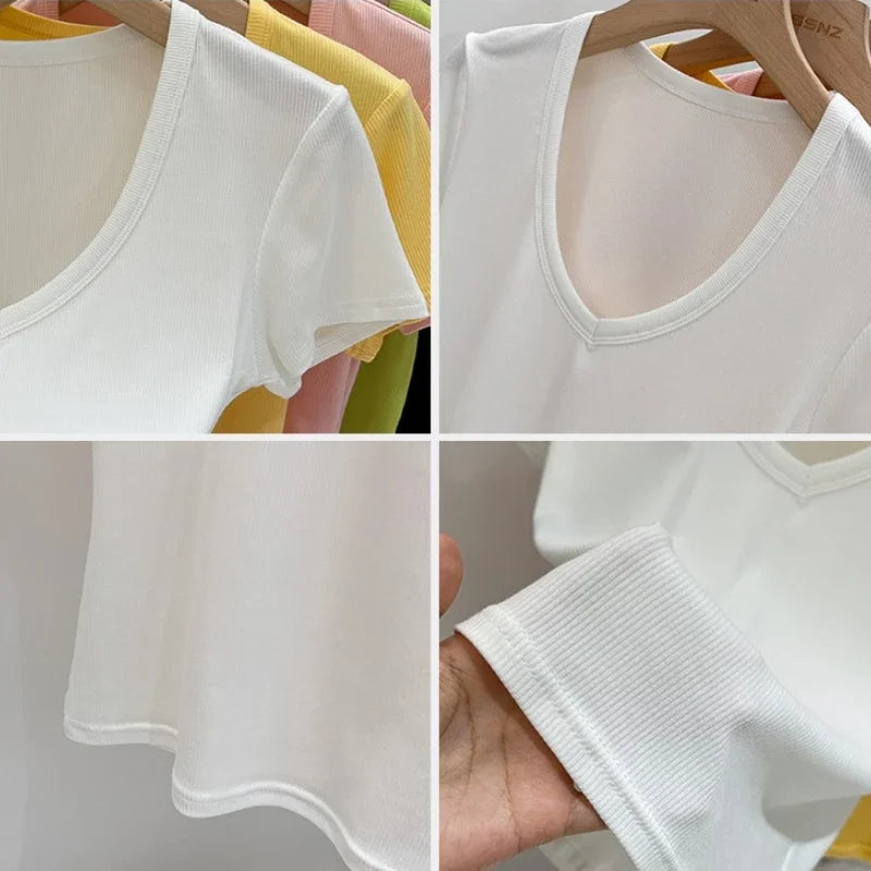 2025 Female Y2K Tops Clothes Summer Sexy Basic Crop Top Women Ribbed Short Sleeve T-shirts Casual V-Neck Solid Slim Fit Tee