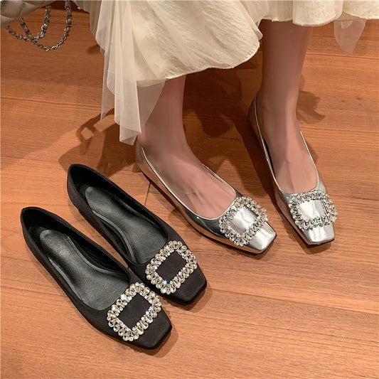 Drestrive 2025 Elegant Women's Pumps Cow Leather Crystal Knot Square Toe Thick Low Heels Handmade Summer Shoes