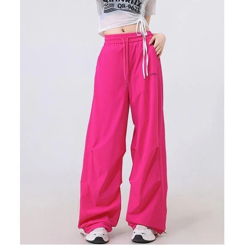 Fashion Printed Letter Spliced Pockets Casual Pants Female Clothing 2025 Spring Summer New Loose Elastic High Waist Cargo Pants