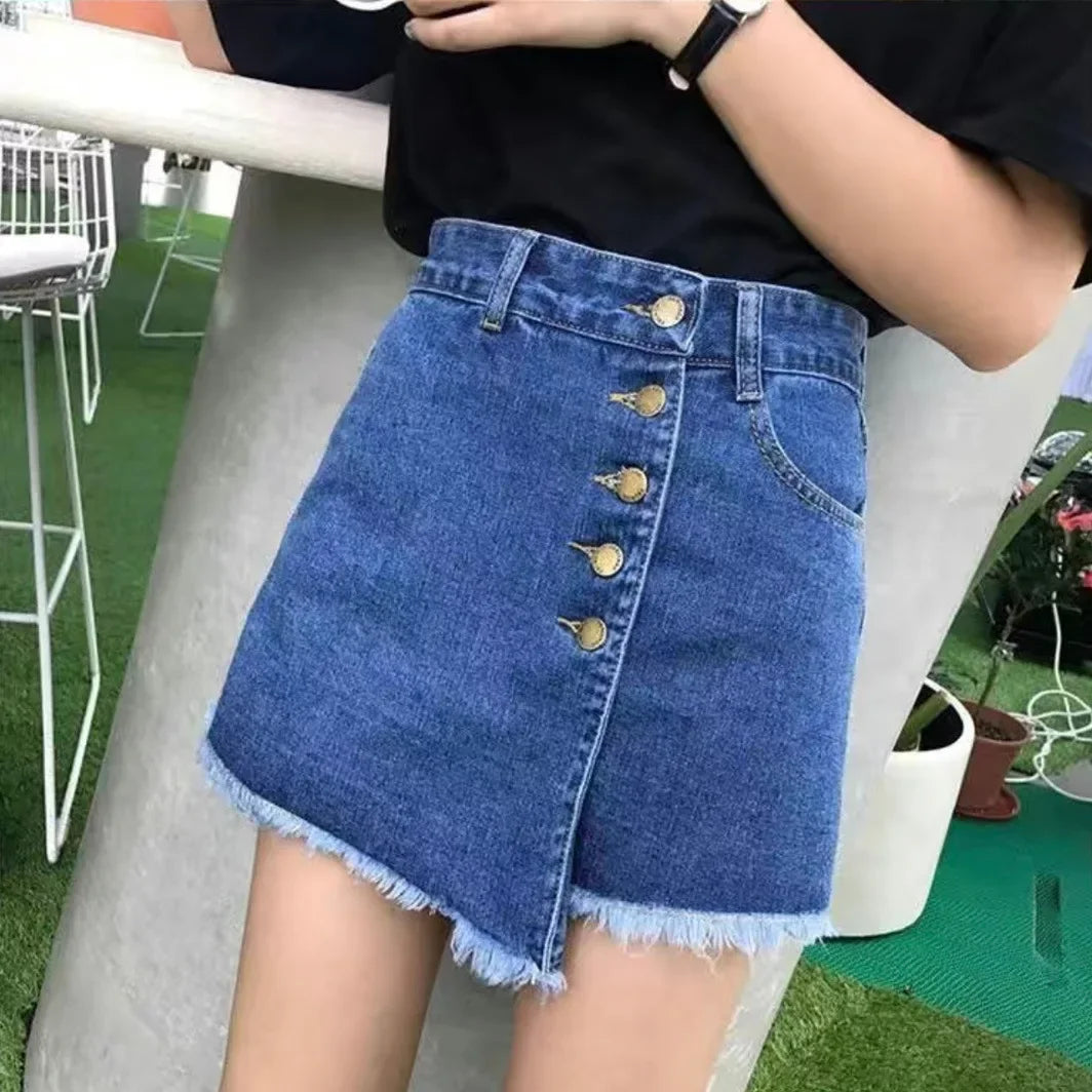Summer Irregular High-waisted Denim Half Body Skirts, European and American Women's Fashionable Breasted Casual Denim Skirts