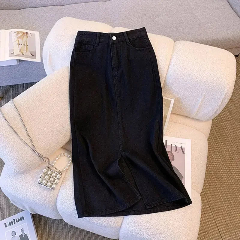 Wrap Women's Denim Skirt Blue Tight Female Jeans Skirts with Slit Luxury Elegant Stylish Premium Summer 2025 Modest Vintage Chic