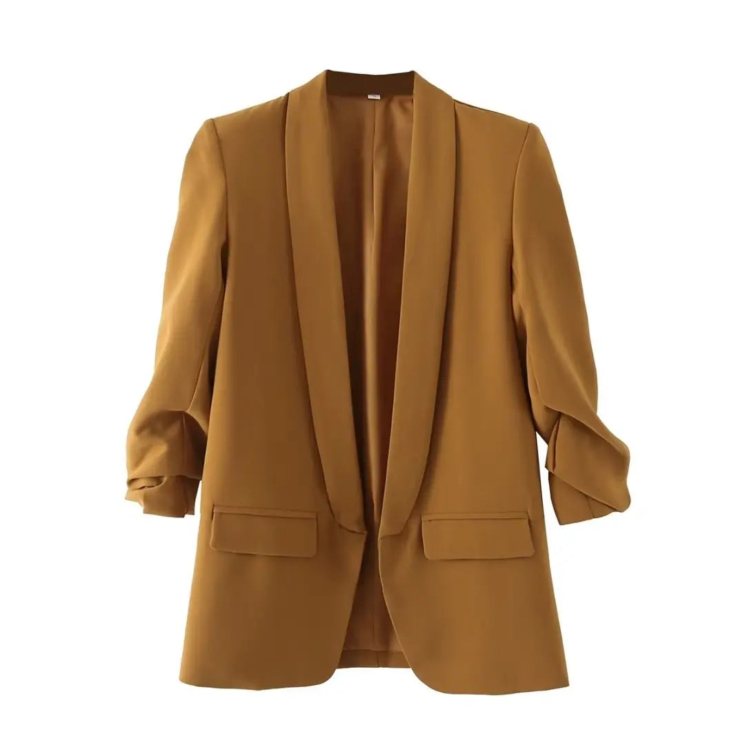 Spring Street Sle Women's Pure Color Long Sve Jaet Coat Cardigan Base irt Tailored Collar Loose Fit Faion Top